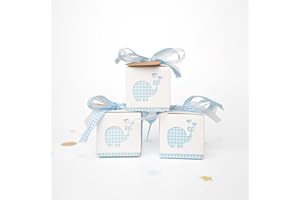 Stella Design Bomboniere Battesimo/Nascita, 48 Pezzi Bigliettini e Sacchetti, Elefante Maschio/Femmina, Scatole Portaconfetti (Celeste)