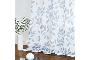 Treatmentex Cortinas Transparentes Blancas y Azules Claro con Patrón de los Hojas para Dormitorio, Cortinas Salon Modernas con 8 Ojales, 136x245cm, 2 Piezas