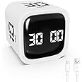 Foyucool Cube Timer, Rotation Time Timer for Adults, 5-10-30-60 Minutes & Custom Countdown, Vibration & Adjustable Volume Alert, Digital Visual Timer for Classroom Study Office Kitchen Desk, White
