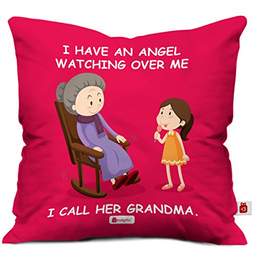 Indigifts Grandparents Special Angel Grandma Red Cushion Cover 12x12 inch with Filler - Best Gift for Grandmother-Grandma-Dadi-Birthday-Anniversary