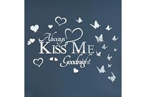 Wajade Always Kiss me Goodnight Mirror Wall Sticker Silver Heart and Butterflies Quotes Mirror Wall Decals Acrylic Family Inspirational Saying Words Wall Art Home Decoration for Bedroom Playroom
