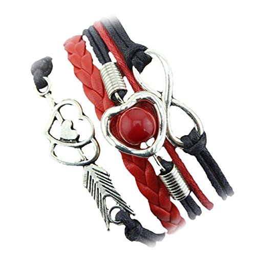 Malloom® Cupido pulsera Infinity + flechas con doble corazón + perla amistad antigüedad cuero Brazalete Encantado (negro(black))