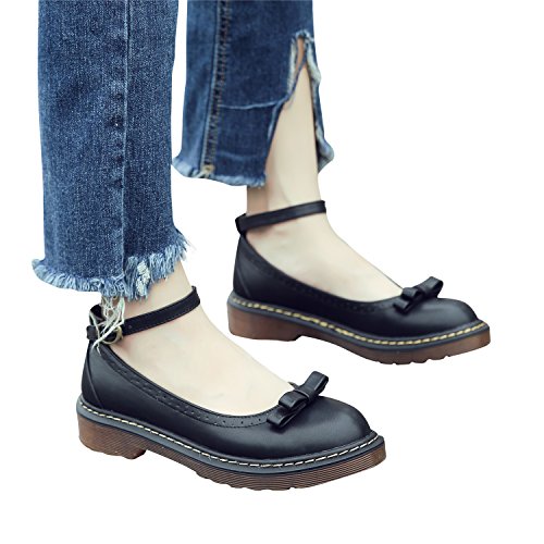 Smilun Damen Ballerina Rund Toe Knöchelriemchen Schleife - 5
