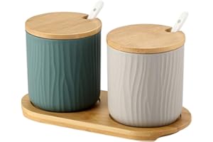 OnePine Set di 2 Zuccheriera, Zuccheriera in Ceramica Rotonda con Coperchio e Cucchiaio, Design Elegante, per Casa e Cucina