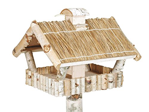 Vogelhaus und Futtersilo und Standfuß aus Birke mit Strohdach quadratisch