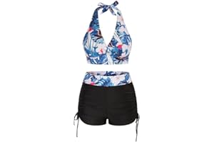 JASAMBAC Women's Bikini Sets Halter Neck Bikini Top & High-Waisted Drawstring Ruched Boyshorts Swimwear Elastic Swimming Costume Soft Swimsuits Bathing Suits