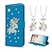 Produktbild Universecase Motorola Moto G6 Plus Hülle, Flip Case Einhorn Blaues Ledertasche Magnetverschluss Silikon Bumper Wallet Cover Stoßfest Handyhülle+Best Friends Kette Freundschaftsketten