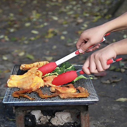TTLIFE 2PCS Silikon Grillzange Küchenhelfer Mehrzweck Edelstahl Küchenzange Bratenzange BBQ Brot Tongs perfekt für Küchen Restaurant Camping9’+12’(Rot) - 3