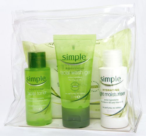 Simple Travel Bag  - Containing Moisturiser, Cleansing Wipes, Toner & Facial Wash in a Handy Clear Travel Pouch