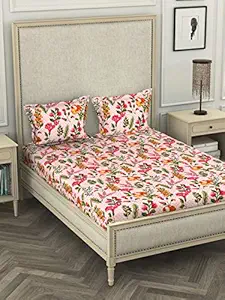 Lorena Paris 100% Pure Cotton Double Size 1 Bedsheet with 2 Pillow Covers - 110 TC (Castillo) - Pink/Green