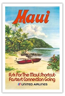 Pacifica Island Art Maui, Hawaii - Compagnies Aériennes Unis - Pirogue Hawaïenne (Wa'a) - Affiche de voyage de cru Vintage Hawaiian Travel Poster by Hollenbeck c.1960s - Beaux-Arts Imprime Fine Art Print - 76cm x 112cm