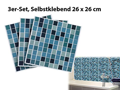 infactory Selbstklebende 3D-Mosaik-Fliesenaufkleber „Aqua“, 26 x 26 cm, 3er-Set - 2
