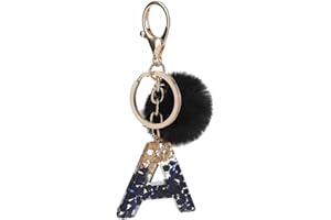WAITLOVER Portachiavi in resina nera con lettera A-Z con ciondolo a forma di lettera dell'alfabeto con pompon per ragazze per le donne borsa a sfera in pelliccia