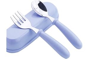 SOOJET Tenedores y cucharas Set De Cubertería De Bebé De Acero Inoxidable Conjunto Tenedor y Cuchara Cubierto Aprendizaje Bebe (Azul)