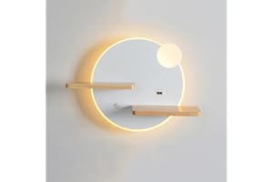 HKLY Applique Murale LED Intérieur avec Port USB et Interrupteur, Lampe Murale Chambre Hôtel 11W Lampe de Chevet Metal Moderne avec Étagère en Bois, Lampe de Lecture 3000K Blanc Chaud Veilleuse (B3)