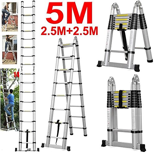 XTLSTORE 5M/2.5+2.5M Mehrzweckleiter Teleskopleiter Klappleiter ausziehbare Leiter bis 150 kg (8 + 8 Stufen)