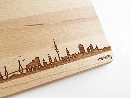 Brotzeitbrett Hamburg Skyline | Frühstücksbrettchen aus Buche | Holz Schneidbrett | Geschenk mit Gravur | Frühstücksbrett (ohne persönlicher Gravur) - 2