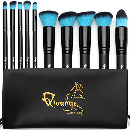 Qivange Make-up Brushes, Premium Synthetic Kabuki Make-up Brush Set Foundation Eyeshadow Blush Concealer Powder Brush Kit + Pouch ( 10pcs, Black with Blue Hair)
