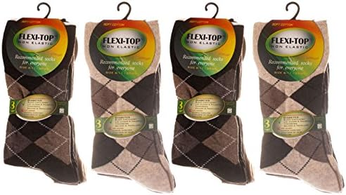 12 Pairs of Diabetic Socks - Cotton Rich Non Elastic Brown Argyle