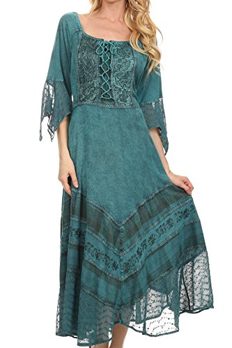 Sakkas 15224 - Bexley Scoop Neck Bell Sleeve Bohemia Gitana Bordado Corset Vestido - Turquesa - S/M