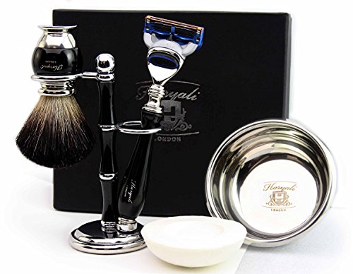 100% Hand Made Shaving Set for Men's. Ideal Gift This Christmas. The set Includes Pure Black Badger Hair Shaving Brush, Gillette Fusion Razor, Shaving Bowl with Soap and Brush Holder. Newly deigned By Haryali London