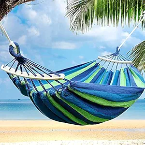 FEELING MALL Garden Cotton Hammock Comfortable Fabric Hammock with Tree Straps for Hanging Durable Portable Hammock with Travel Bag Perfect for Camping Outdoor Indoor Patio Backyard (Blue-Wooden)