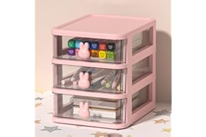 EHOTER Cassettiera da scrivania con cassetti, organizer da tavolo, con grazioso manico a coniglio, per ufficio, camera da letto, garage (rosa, 3 strati)
