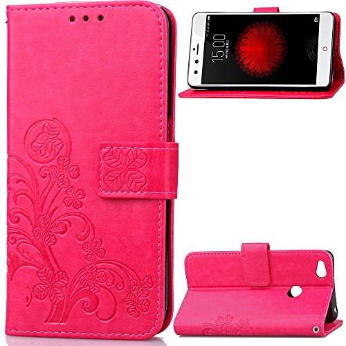 Nubia Z11 mini Hülle, ZTE Nubia Z11 mini Case,Cozy Hut Lucky Clover Muster Kunstleder Ledertasche Schutzhülle Case Tasche Cover Tasche for ZTE Nubia Z11 mini, Bunte Retro Muster Druck Buch-Stil Bookstyle Flip Magnetverschluss Brieftasche Geldbörse Wallet Kreditkarte ID Card Slots PU Leder Beschützer Haut Schutzfolie Schutzhüllen Case Tasche Hülle Etui Schale Ständer Hülle Case mit Weich TPU Innere Hülle Case für ZTE Nubia Z11 mini (5 Zoll) - Rose Red Clover