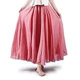 falda larga algodon gris 80% Algodón OCHENTA Mujeres Estilo Bohemia Cintura Elástico Algodón Larga Lino Faldas Light Red 95CM