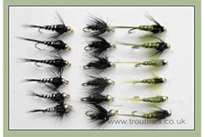 TROUTFLIESUK Gold Bead Nymphe Forelle Fliegen, 18 Pack olive & Schwarz. Gemischte 10/12, für Fliegenfischen