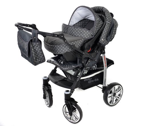 Baby Sportive X2, 3 in 1 Kombikinderwagen set – incl. Kinderwagen mit Zubehör, Babyschale und Sportwagen Aufsatz. System mit Schwenkräder. Reisesystem Farbe: Grau und Punktmuster - 6