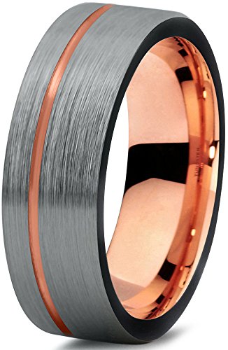 Tungsten Wedding Band Ring 7mm for Men Women Black & 18K Rose Gold Pipe Cut Brushed Polished Lifetime Guarantee