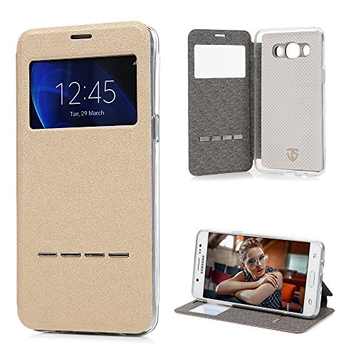 Samsung Galaxy J5 2016 Hülle Galaxy J5 (2016) Wallet Case YOKIRIN PU Leder Wallet Case Folio Schutzhülle Tasche Handytasche Schale Handycover Ledertasche Backcover Flip Cover mit Standfunktion im Bookstyle Fenster Gold