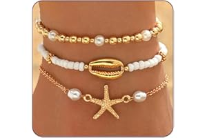 CharmBurst 3 piezas estilo playa verano estrella de mar metálica y conchas perlas para mujeres, joyería boho, accesorios de verano resistentes al agua, tobilleras con estrellas de mar y conchas