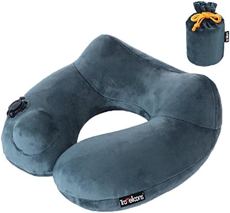 Travel pillow U-Shape Neck Push-Button Inflatable Air Pillow with Storage Bag, Soft Velvet Washable Cover