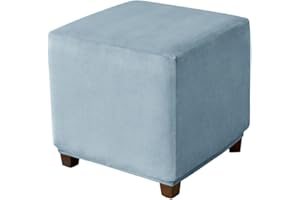 Highdi Velvet Square Ottoman Cover, Rectangle Stretch Footstool Slipcover, Stool Protector with Elastic Bottom, Dustproof Removable Washable Footrest Pouffe Covers (S, light blue)