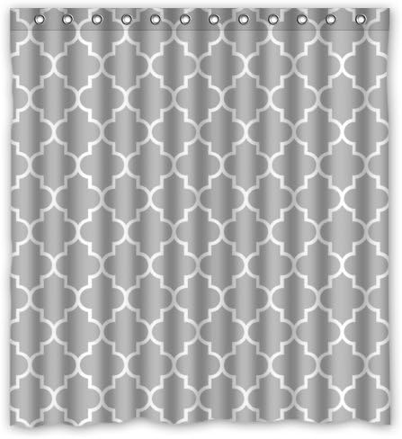 Lawrence Eco Friendly Grey Moroccan Tile Quatrefoil Pattern Printed Fabric Shower Curtain With Hooks Polyester Waterproof Bathroom Curtains 66x72 inch