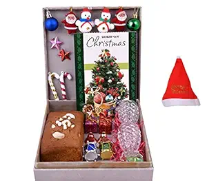 MANTOUSS Christmas Cake Gift(200gms)/ Christmas Plum Cake Gift Box+2 Shot Glasses + Christmas Card + Glass Candle + Christmas Tree Decoration Set+Santa Cap