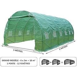 Serre de jardin | Tunnel serre de jardin | Serre de jardin tunnel 18m² en acier galvanisé | Serre de jardin maraichère verte | Idéale pour faire pousser et protéger vos plantes en toutes saisons
