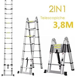 Fixkit Echelle Télescopique Escabeau Telescopique Echelle Pliante Echelle Escamotable en Aluminium 2.6M/3.2M/3.8M/5M (3.8M Pliante)