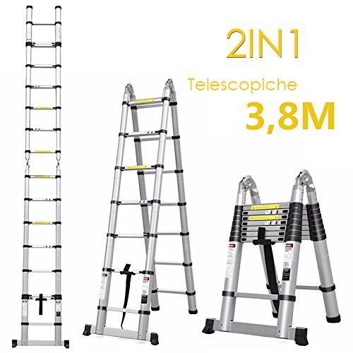 Fixkit Echelle Télescopique Escabeau Telescopique Echelle Pliante Echelle Escamotable en Aluminium 2.6M/3.2M/3.8M/5M (3.8M Pliante)