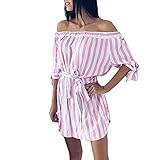 IMJONO Dress Kleid röcke,2019 Jubiläum Frauen Damen Schulterfrei Streifen Falbala Casual Dress Abend Party Kleid(Small,Rosa)