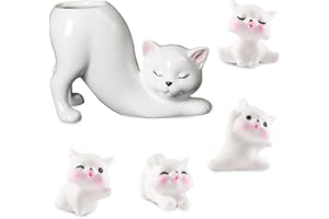 NAESM Unique Tailless Cat Little Planter Pot Comes with 4 types of resin cat ornaments Indoor and Outdoor Plant Displays, Novelty Ceramic Bonsai Flowerpot, Lovely Office Desk Room Home Decor