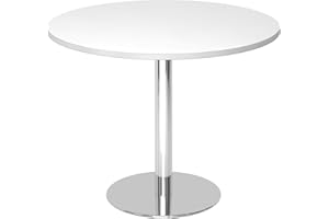 ‎BÜMÖ bümö Besprechungstisch, Esstisch klein, Tisch rund 100 cm - Kleiner Esstisch weiß, Rundtisch Esstisch 2 Personen mit Holz-Platte, Säule aus Metall verchromt, Konferenztisch, Bistrotisch