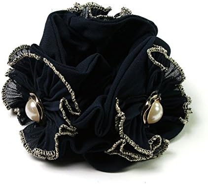 Satin Hair Tie with 3 Ruffle Flowers and White Acrylic Pearls