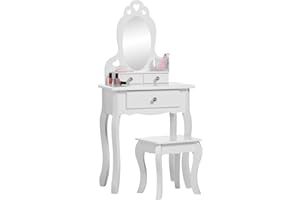 RUNESOL Tocador con taburete y espejo de niñas | Tocadores de maquillaje para niños pequeños, ideal para niñas de 3 a 7 años | Tocador blanco, Mesa de Maquillaje con 3 cajones, juguetes de niñas tocador