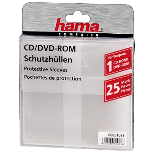 Hama CD-Rom/DVD-Rom/Blu-ray Schutzhüllen (Slim-Design, Sleeve aus Kunststoff, 25 Stück), transparent
