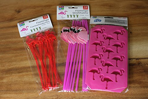 Party Set Flamingo 10x Strohhalm, 10x Cocktailstäbchen, 1 x Eiswürfel
