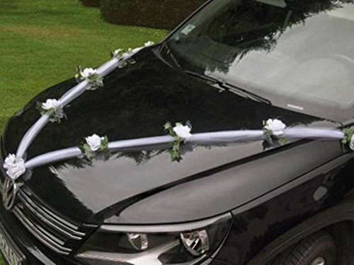 PKW Dekoration Autodekoration Girlande mit Tüll und Rosen weiss 1,70m