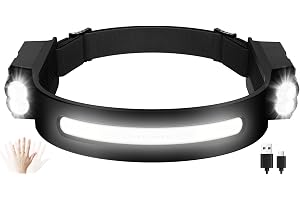 Oderra Ultrakraftfull LED-uppladdningsbar pannlampa, superlätt, rörelsesensor, 8 lägen, IPX4 vattentät, 12 timmars batteritid för camping, löpning, nödsituationer